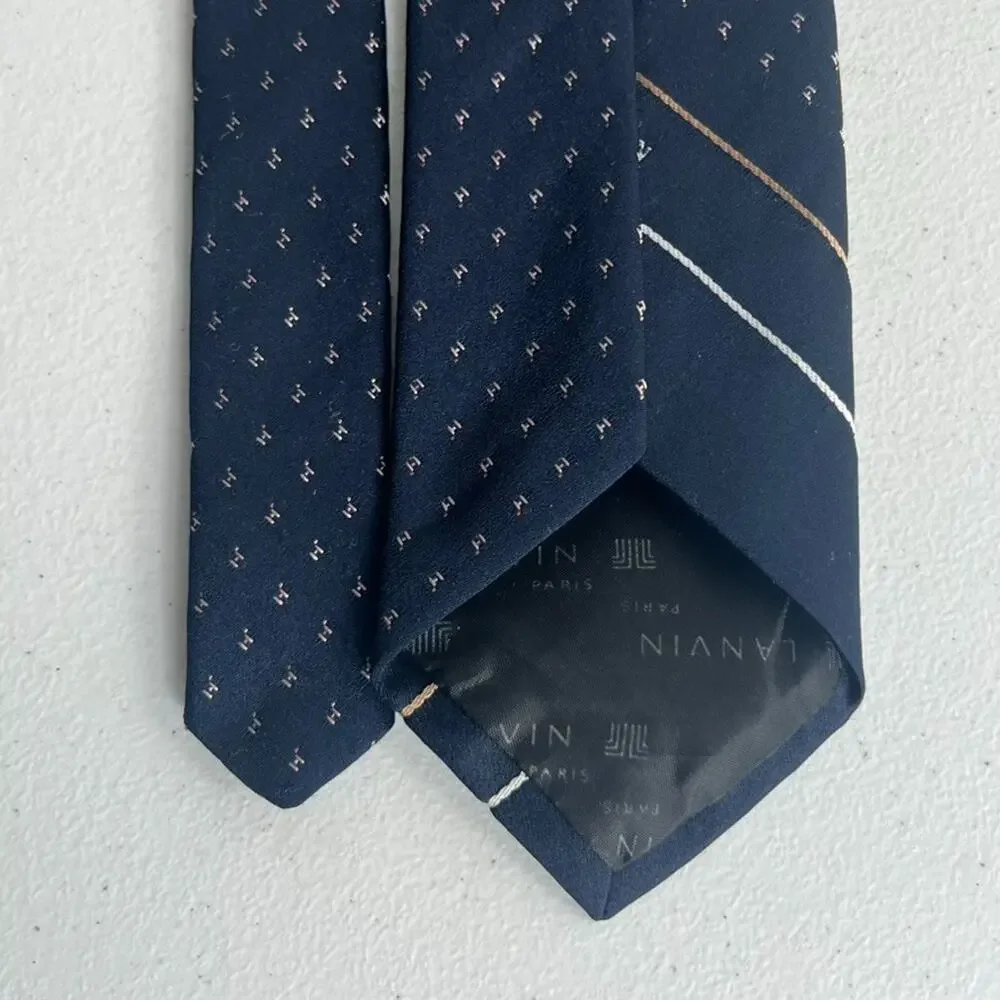 Lanvin Paris Necktie Men's Navy Blue Striped Pin Dot Logo
